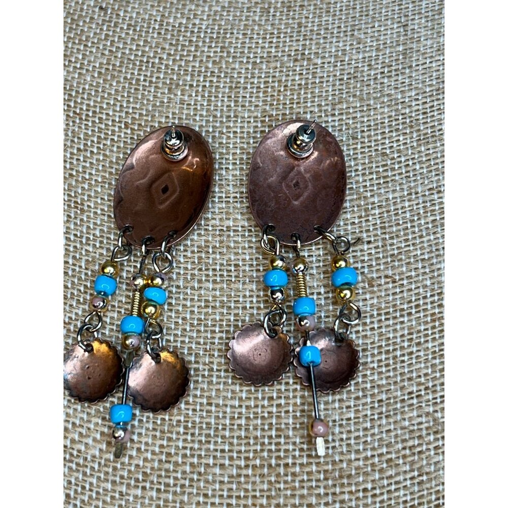 Vintage Copper & Turquoise Beaded Dangle Earrings With Geometric Design & Tribal - Picture 6 of 11